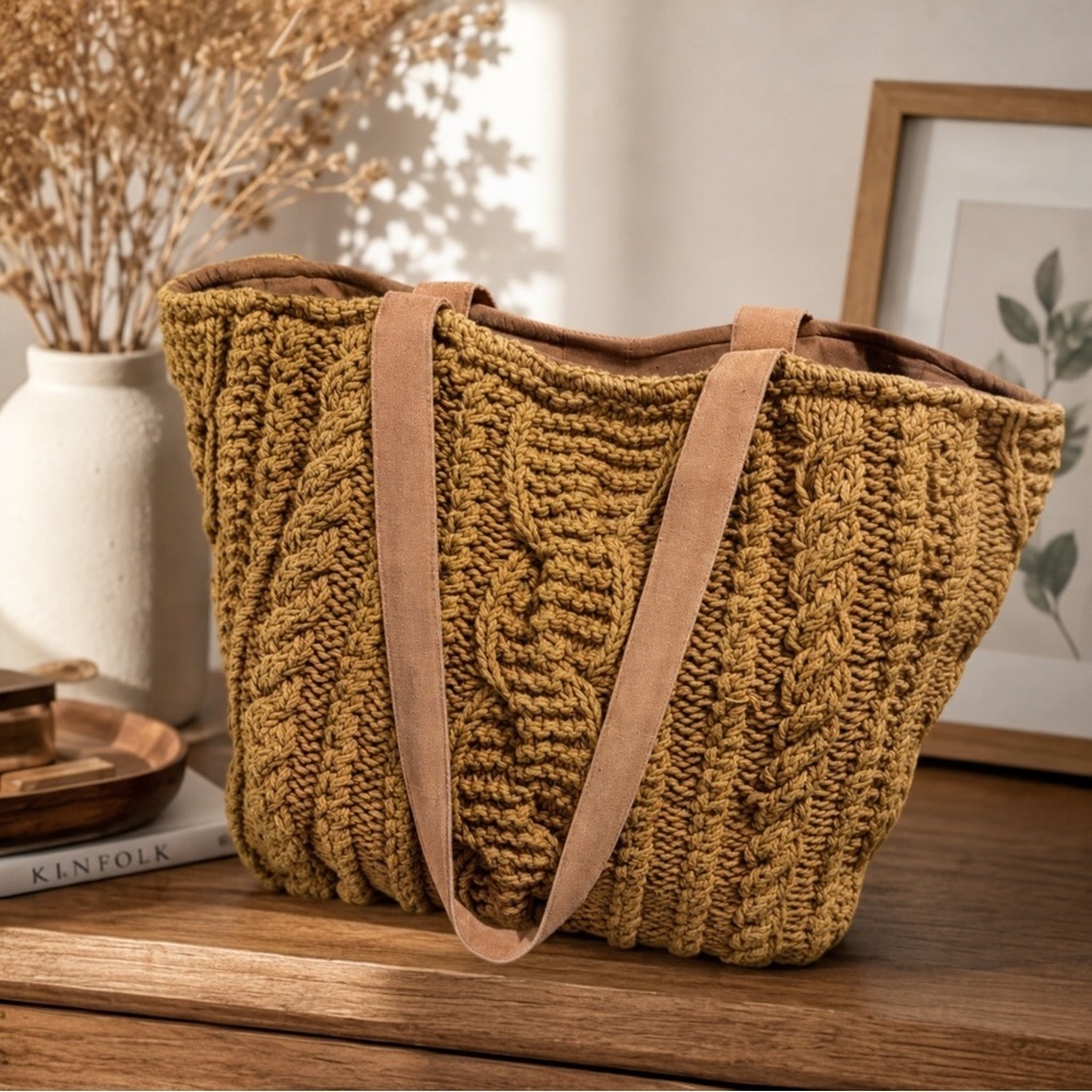 Panache Apparel Knit Tote Bag – Brown Cable Knit & Canvas Interior